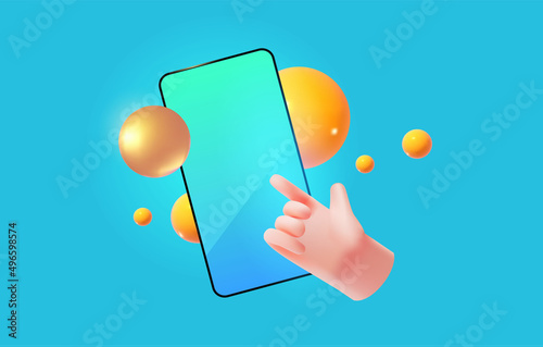 Fototapeta Naklejka Na Ścianę i Meble -  Online shopping. Special offer banner with smartphone, pointing gesture hand and flying spheres.