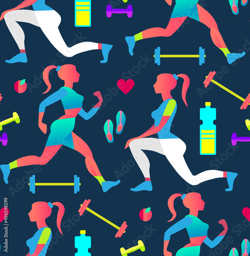 Woman Fitness Seamless Pattern. Workout girl. Fit Equipment. Sports and Health Care Flyer Template in Trendy Colors. Gym Design. photo