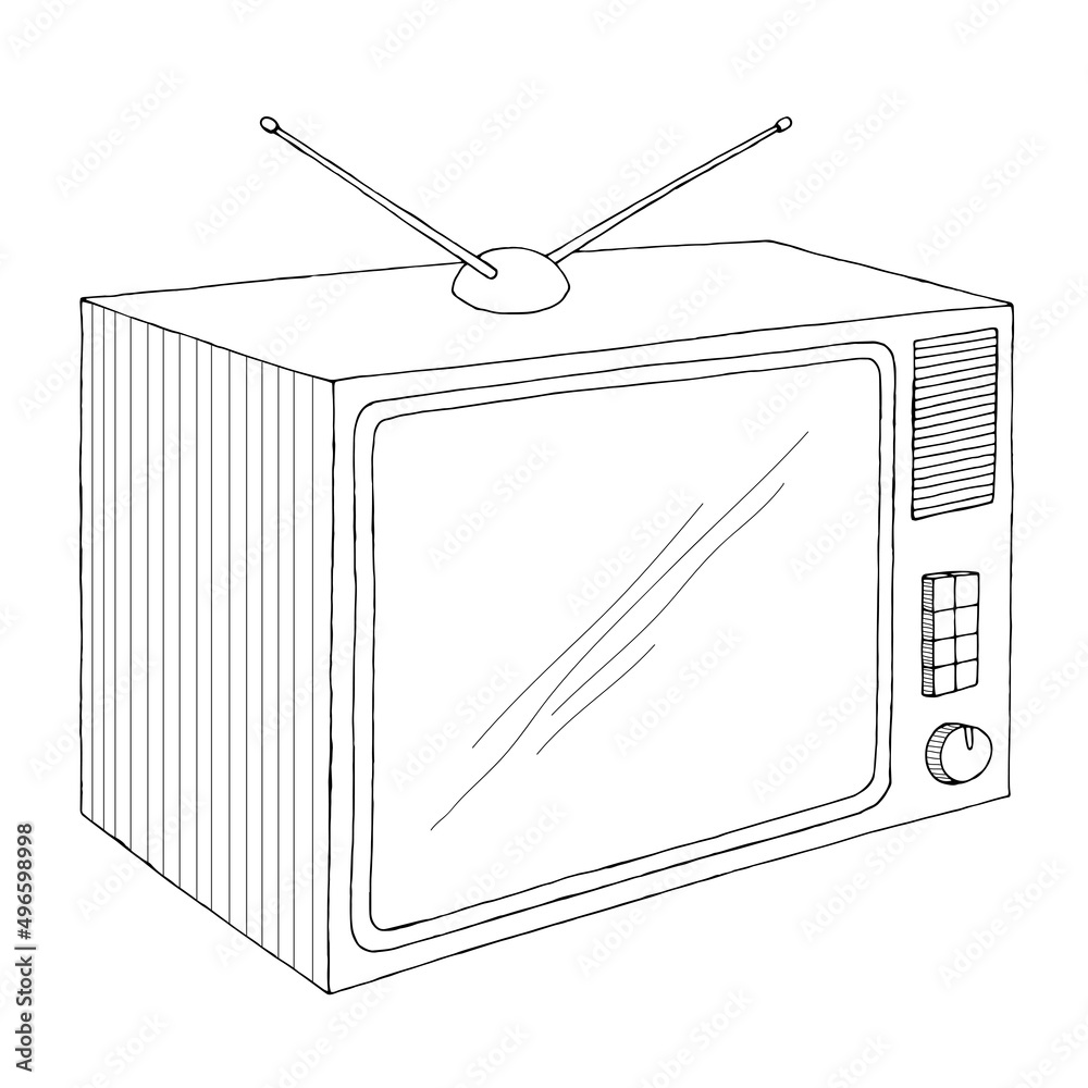 Retro television set graphic black white sketch isolated illustration