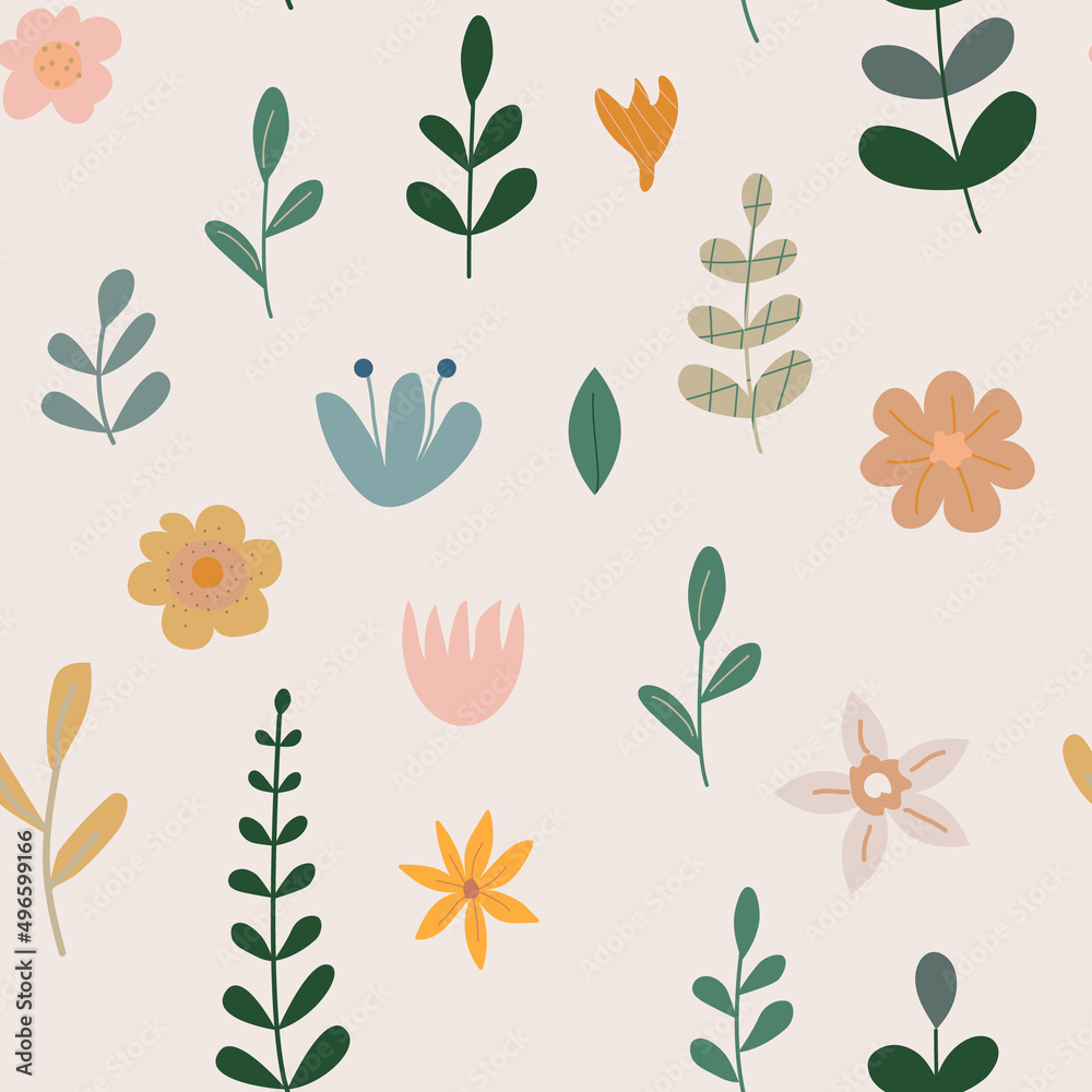 Spring flowers seamless pattern. Bohemian style with grass and blossom. Minimal elements. Vector stock illustration