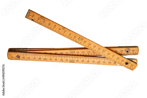 Wooden Folding rule isolated on white, old ruler, clipping path