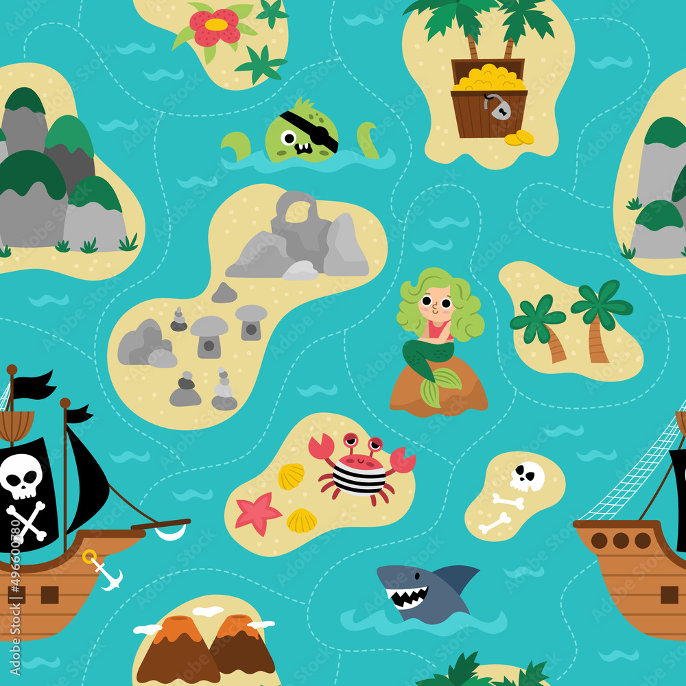 Vector treasure island seamless pattern with pirate ship, mermaid, octopus. Cute repeat background with tropical sea isles, sand, palm trees, volcano, rocks. Treasure island digital paper.