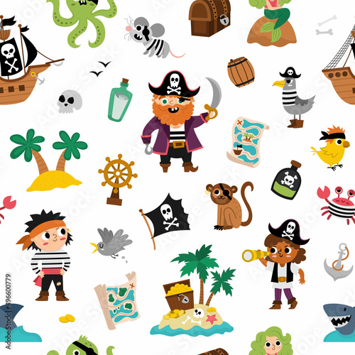 Vector pirate seamless pattern. Cute sea adventures repeat background. Treasure island digital paper with ship, captain, sailors, chest, map, parrot, monkey, map. Funny pirate party texture. © Lexi Claus