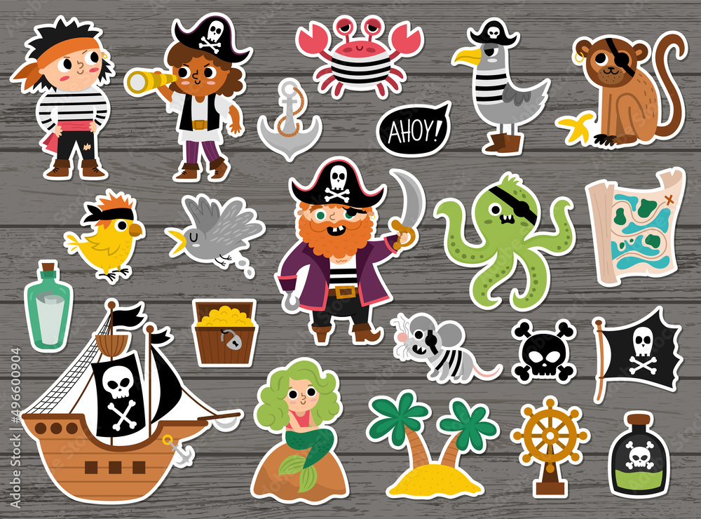 Vector pirate stickers set. Cute sea adventures patches icons collection.  Treasure island illustrations with ship, chest, map, parrot, monkey, map.  Funny pirate party elements on wooden background. Stock Vector