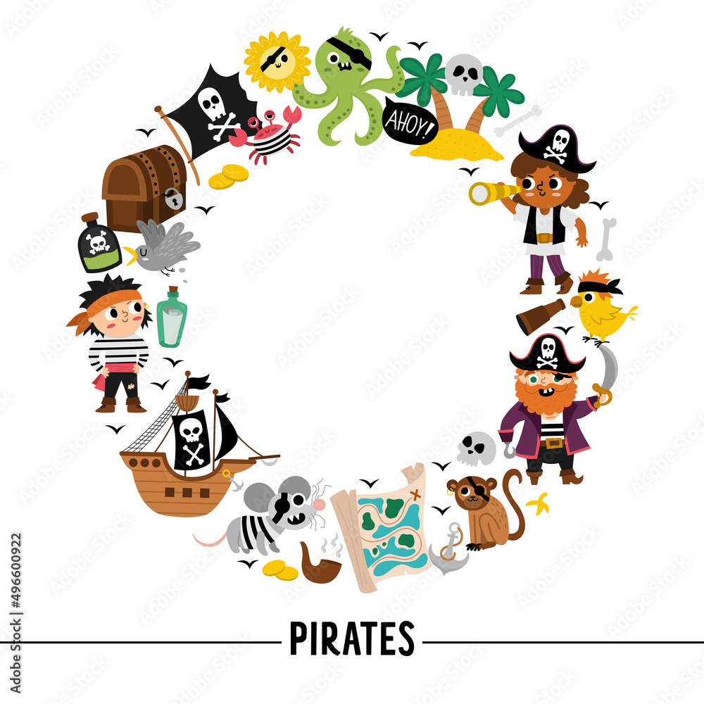 Vector pirate round frame with pirates, ship and animals. Treasure island border wreath card template or marine party design for banners, invitations. Cute sea adventures illustration. Vector pirate round frame with pirates, ship and animals. Treasure island border wreath card template or marine party design for banners, invitations. Cute sea adventures illustration.