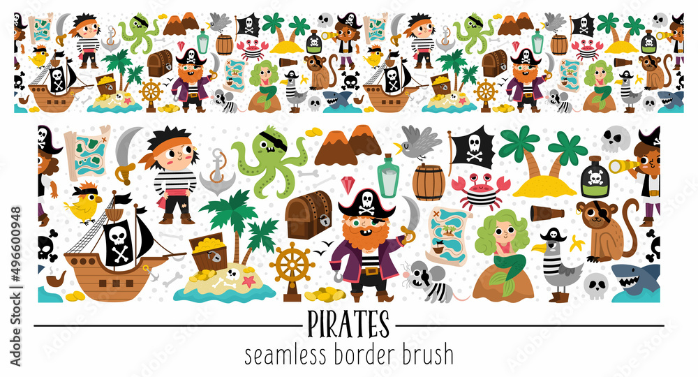 Vector pirate horizontal seamless border brush with sailors and animals. Sea adventures horizontal repeat background or treasure island design. Cute illustration with ship, octopus, mermaid.