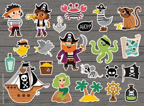 Vector pirate stickers set. Cute sea adventures patches icons collection. Treasure island illustrations with ship, chest, map, parrot, monkey, map. Funny pirate party elements on wooden background.