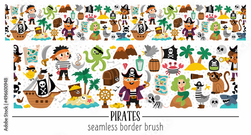 Vector pirate horizontal seamless border brush with sailors and animals. Sea adventures horizontal repeat background or treasure island design. Cute illustration with ship, octopus, mermaid. photo