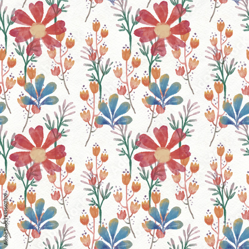 Seamless abstract floral pattern. Flowers texture on watercolor paper background