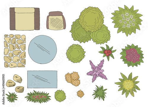 Landscape architect design element set graphic color top sketch aerial view illustration vector 