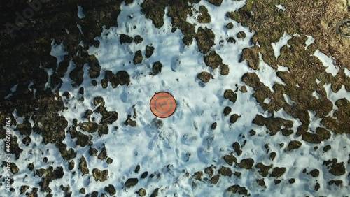 Drone landing on site. Landing mat on a wasteland. Aerial photography. photo