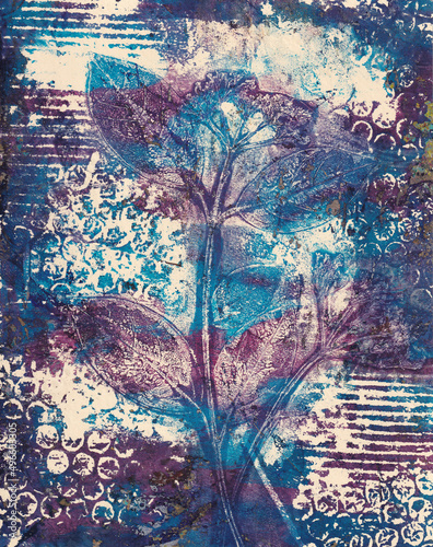 Abstract wildflower in blue and purple, monoprint artwork photo