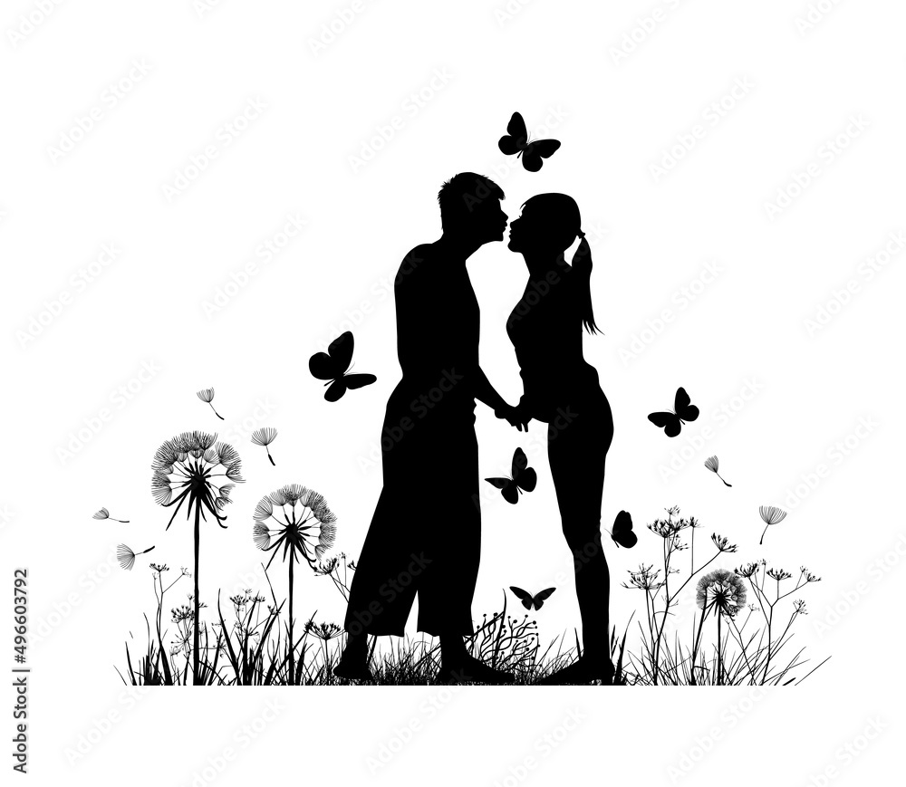 Couple kissing on summer meadow, black silhouette . Happy Valentine's Day. Vector illustration
