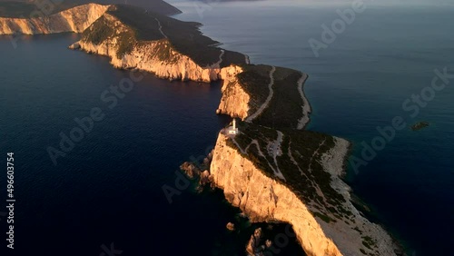 aerial view of lefkada light house at sunset photo