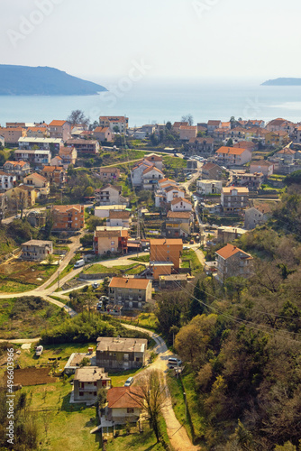 Beautiful Mediterranean landscape on sunny spring day. Montenegro,  Adriatic Sea. View of Bay of Kotor near Herceg Novi city. Meljine villlage photo