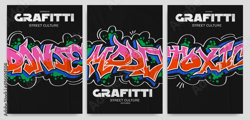 Collection of trendy vector posters with graffiti and splatter elements on isolated background with paper texture