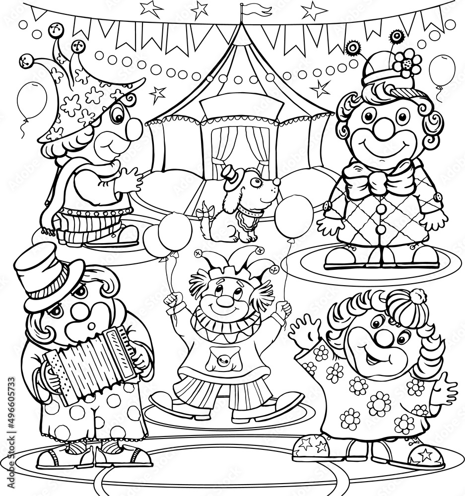 Clown black pattern, circus, outline doodle anti-stress, various poses and situations, drawing, vector, images, cartoon Clown black pattern, circus, outline doodle anti-stress, various poses and situations, drawing, vector, images, cartoon