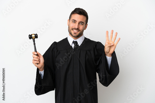Judge caucasian man isolated on white background happy and counting four with fingers