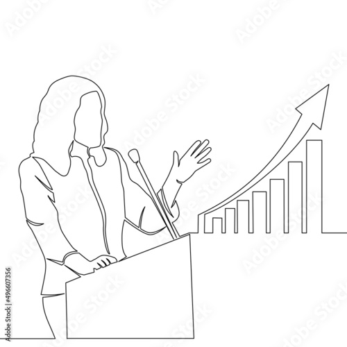 Continuous line drawing businesswoman speaker presentation graphs