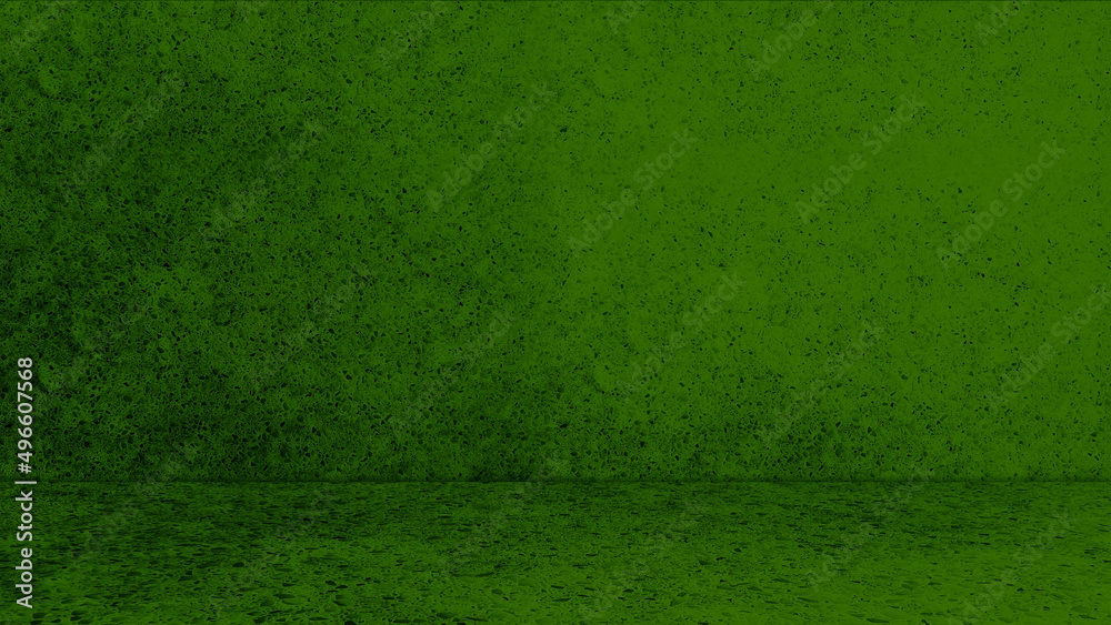 empty green wall room interiors studio, grainy artificial stone backdrop and floor texture use as background with blank space for product display. quartz material room.