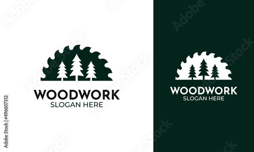 Woodworker logo design with saw and pine tree icon for carpentry symbol