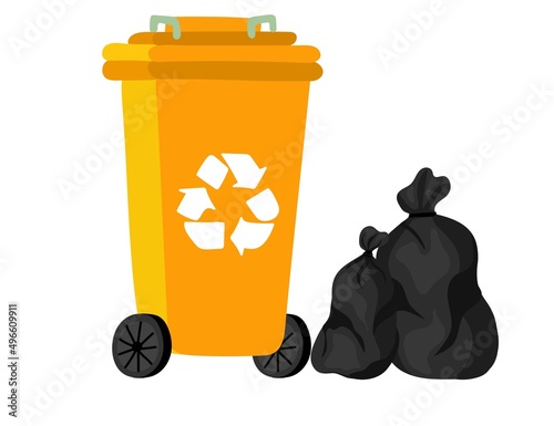 Waste And Garbage. Hand-drawn waste container and black plastic bags. Waste sorting concept. Vector illustration