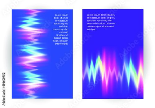 Neon music equalizer, magnetic or sonic wave techno vector cover layouts. Sound audio wave frequency flow. Neon effect rainbow waveform, sonic equalizer visual illuminated dynamic flow. Voice diagram.