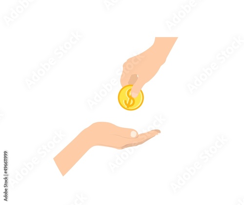 Giving Money and Paying Salary. Two hands exchanging coins for work isolated on white
