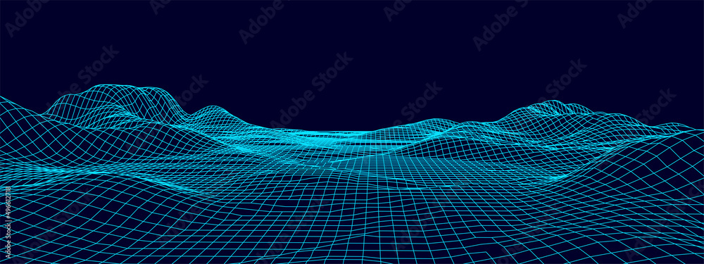 Digital wireframe landscape. Wireframe terrain polygon landscape design. Digital cyberspace in mountains with valleys. Vector illustration. - obrazy, fototapety, plakaty 