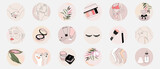 Instagram social media highlight cover icons, pin stickers. minimal hand drawn outline feminine infographic for fashion, spa, beauty, make up bloggers. set of vector logo stickers