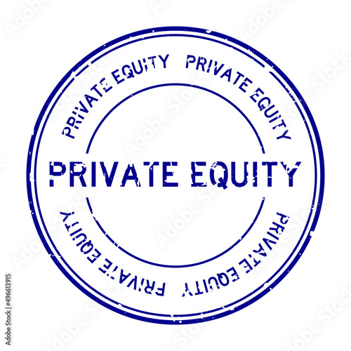 Grunge blue private equity word round rubber seal stamp on white background