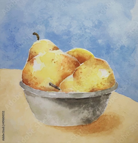 Three yellow Pears. Watercolor vegetarian vector background, still life healthy food, pear fruits on a plate.