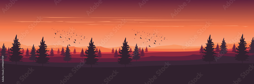 forest sunset scene silhouette flat design vector illustration good for wallpaper, background, banner, backdrop, tourism, and design template