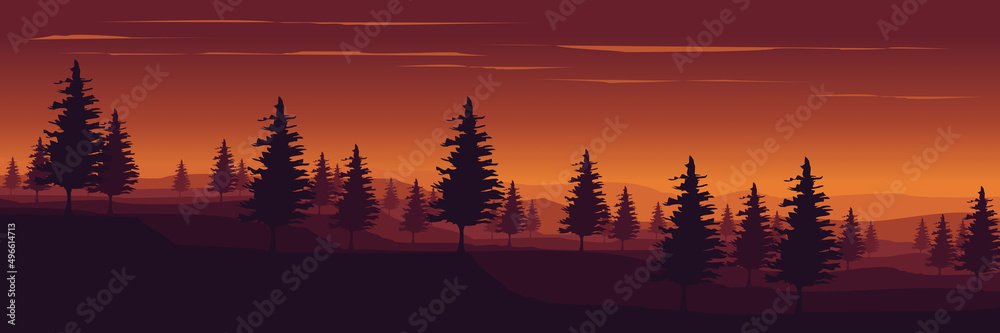 forest sunset scene silhouette flat design vector illustration good for wallpaper, background, banner, backdrop, tourism, and design template