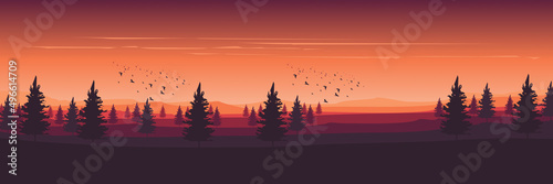 forest sunset scene silhouette flat design vector illustration good for wallpaper  background  banner  backdrop  tourism  and design template