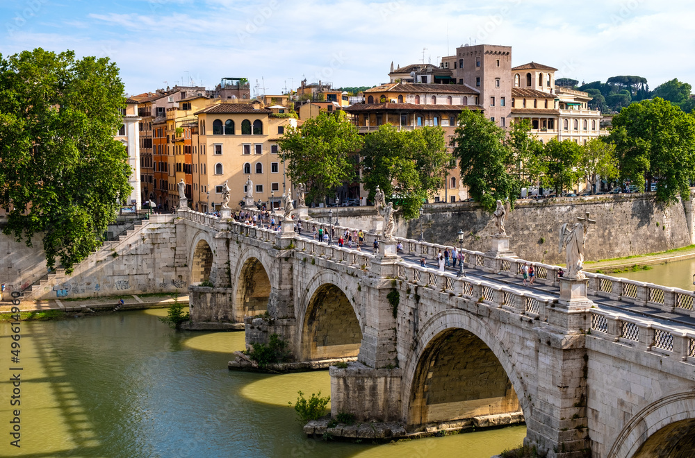 Ponte Sant'Angelo, Saint Angel Bridge, known as Aelian Bridge or Pons Aelius over Tiber river in historic center of Rome in Italy