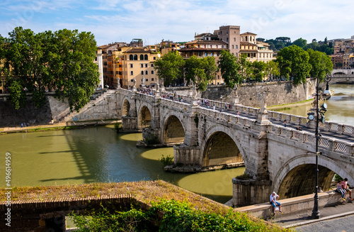 Ponte Sant'Angelo, Saint Angel Bridge, known as Aelian Bridge or Pons Aelius over Tiber river in historic center of Rome in Italy