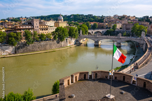 Panoramic view of historic center of Rome in Italy with Tiber river, Ponte Vittorio Emanuele II bridge, Castel Sant'Angelo castle and Trastevere quarter photo