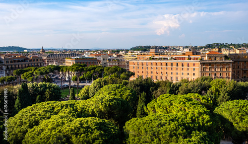 Panoramic view of historic residential quarter of Rome in Italy, north from Castel Sant'Angelo castle, at Piazza Adriana square