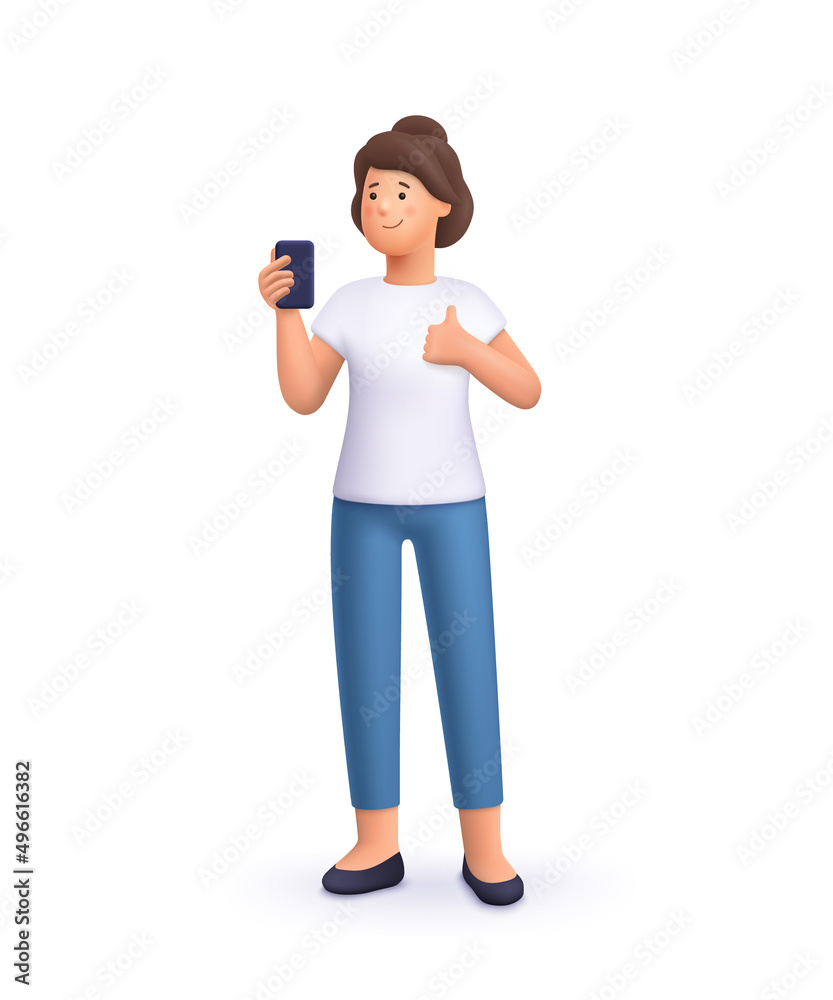 Young smiling woman taking selfie with phone and making thumbs up gesture sign. 3d vector people character illustration. Cartoon minimal style. Young smiling woman taking selfie with phone and making thumbs up gesture sign. 3d vector people character illustration. Cartoon minimal style.