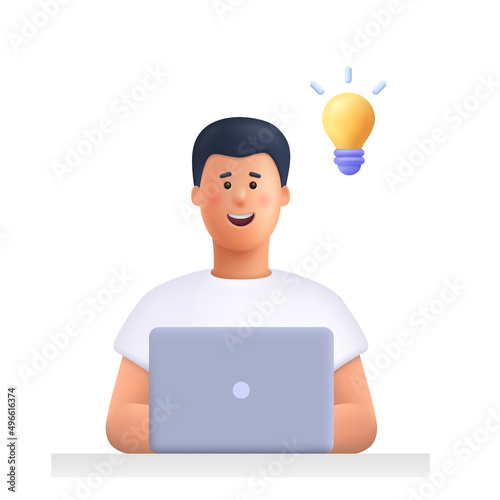 Young man working on the laptop computer and having a idea. Freelance job, creativity innovation and business idea concept. 3d vector people character illustration. Cartoon minimal style.