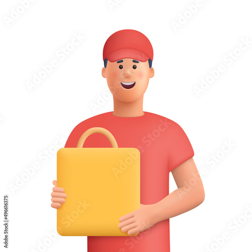 Delivery courier man in red uniform with shopping bag. Safe delivery of goods concept. concept. 3d vector people character illustration. Cartoon minimal style.