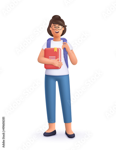 Young smiling college or university student with backpack holding book. Study, education, back to school, knowledge concept. 3d vector people character illustration.Cartoon minimal style.