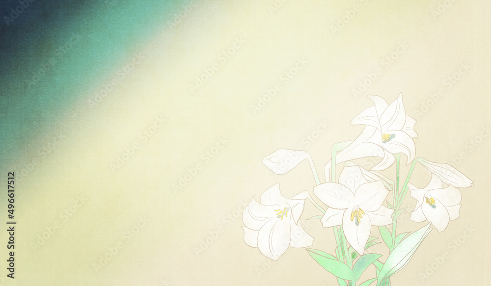 Naklejka premium 浮世絵調グラデーションに白百合（テッポウユリ）の和風背景イラストブルー系