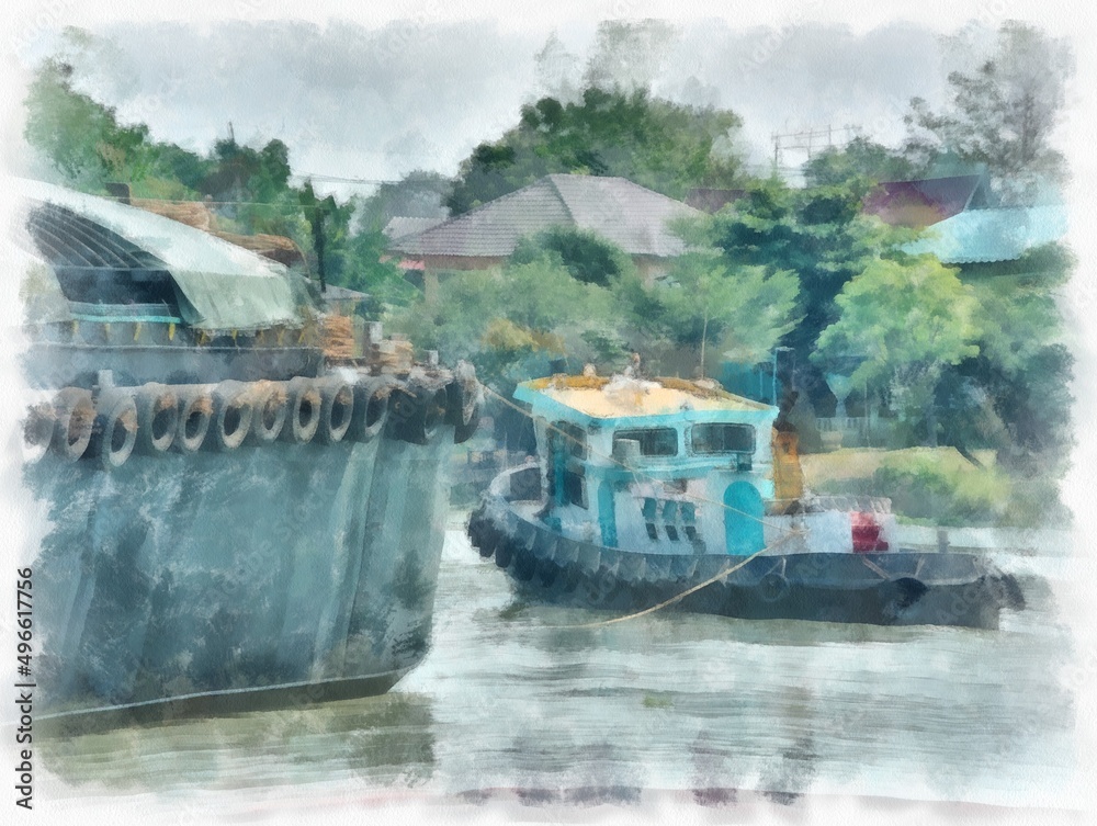 River landscape in the provinces of Thailand watercolor style illustration impressionist painting.
