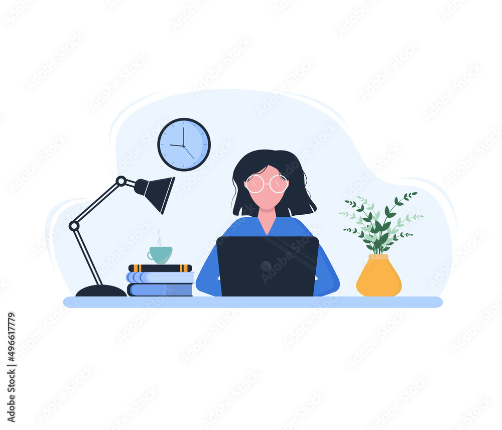 Flat vector illustration of a girl in glasses working from home at a laptop with a plant, coffee and books Flat vector illustration of a girl in glasses working from home at a laptop with a plant, coffee and books
