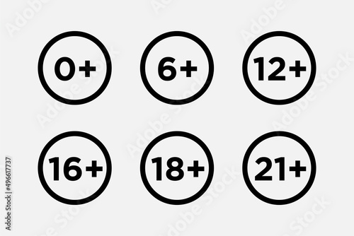 Set marks age limit sing restriction. Vector icons for children censoring content.