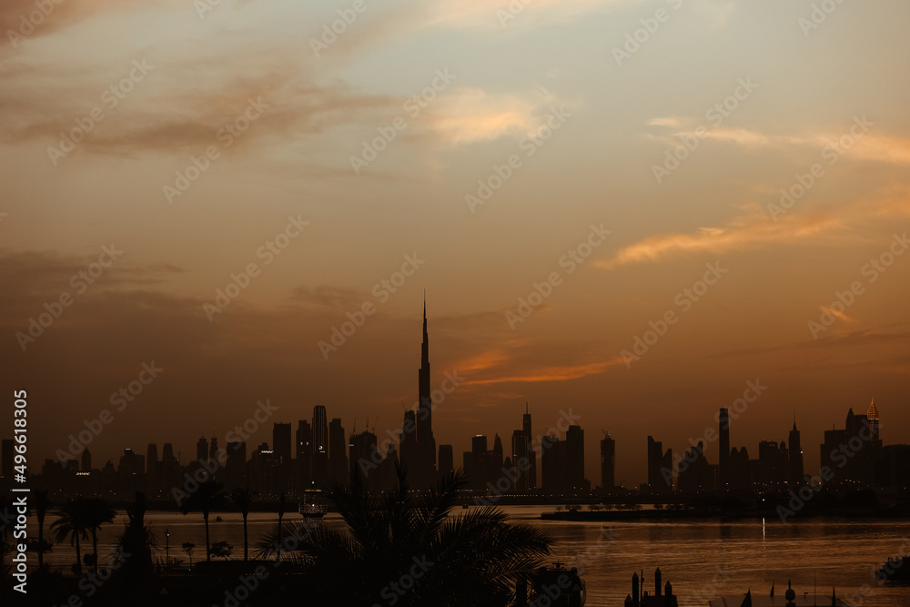 Dubai Skyline on Sunset from Creek Harbor 