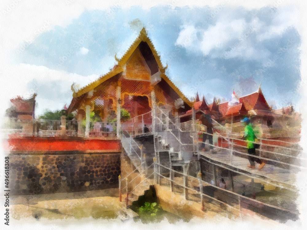 Waterfront pavilion in ancient Thai architecture watercolor style illustration impressionist painting. Waterfront pavilion in ancient Thai architecture watercolor style illustration impressionist painting.