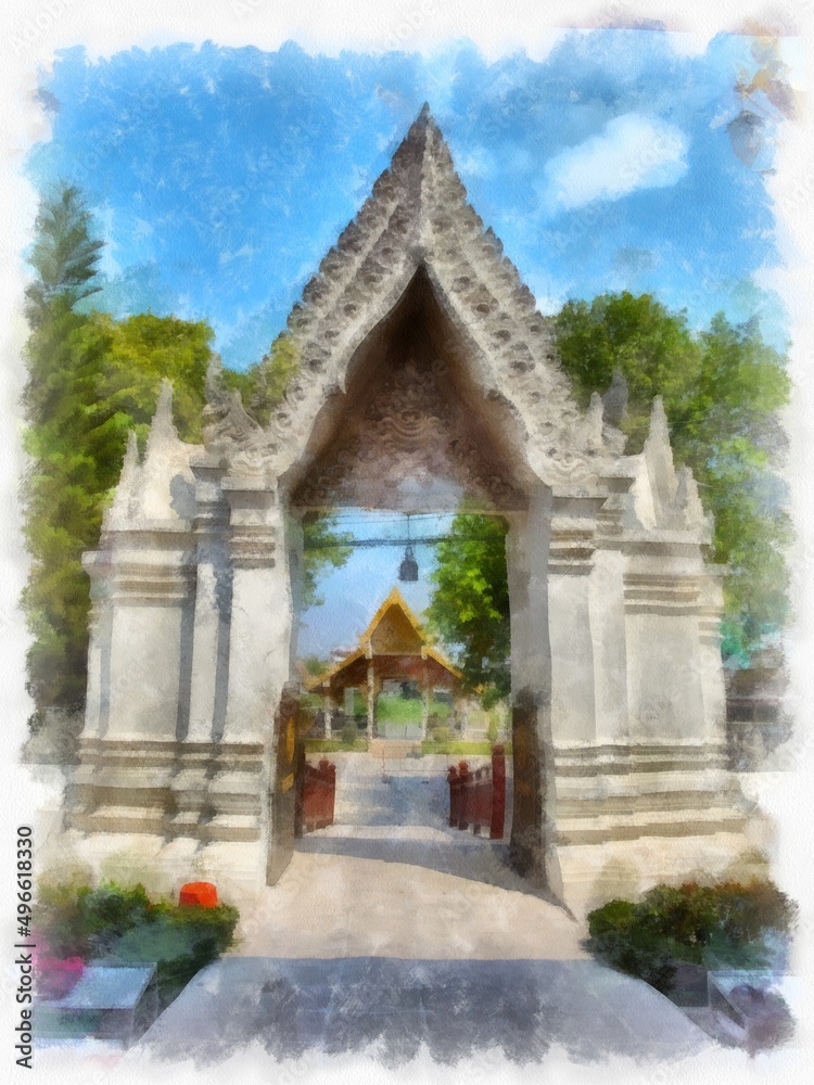 Arches of ancient Thai architecture watercolor style illustration impressionist painting. Arches of ancient Thai architecture watercolor style illustration impressionist painting.